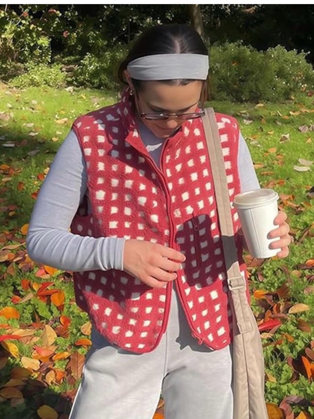 Red & Cream Plaid Fleece Vest | XL | Zip Front Sherpa Style Layer